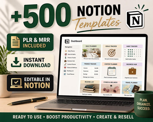 500+ Notion Templates Bundle – Editable Planners, PLR & MRR (Digital Download)