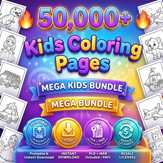50,000+ Kids Coloring Pages Mega Bundle (PLR MRR) Instant Download
