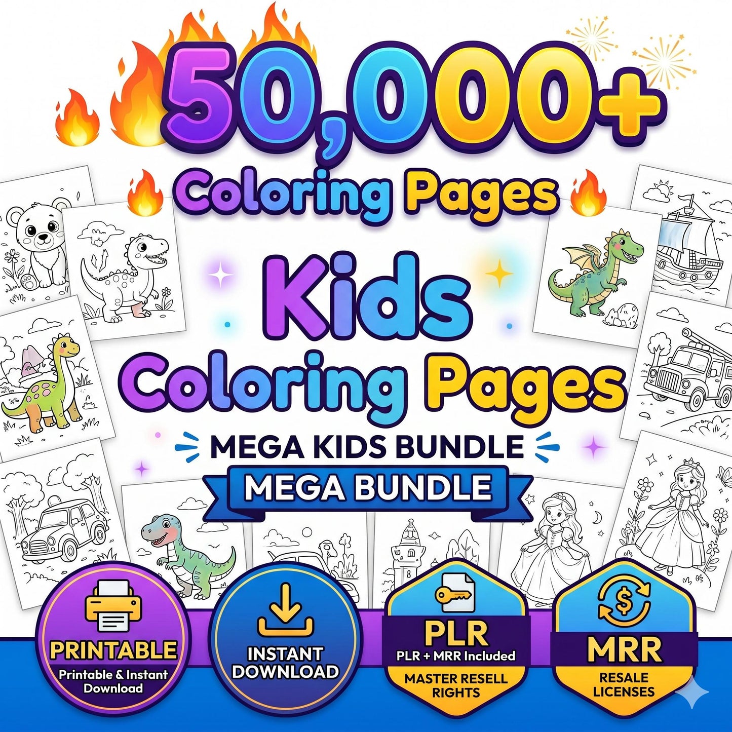 50,000+ Kids Coloring Pages Mega Bundle (PLR MRR) Instant Download