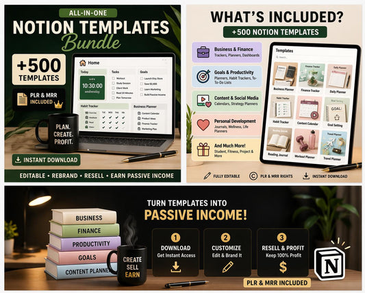 500+ Notion Templates Bundle – Editable Planners, PLR & MRR (Digital Download)