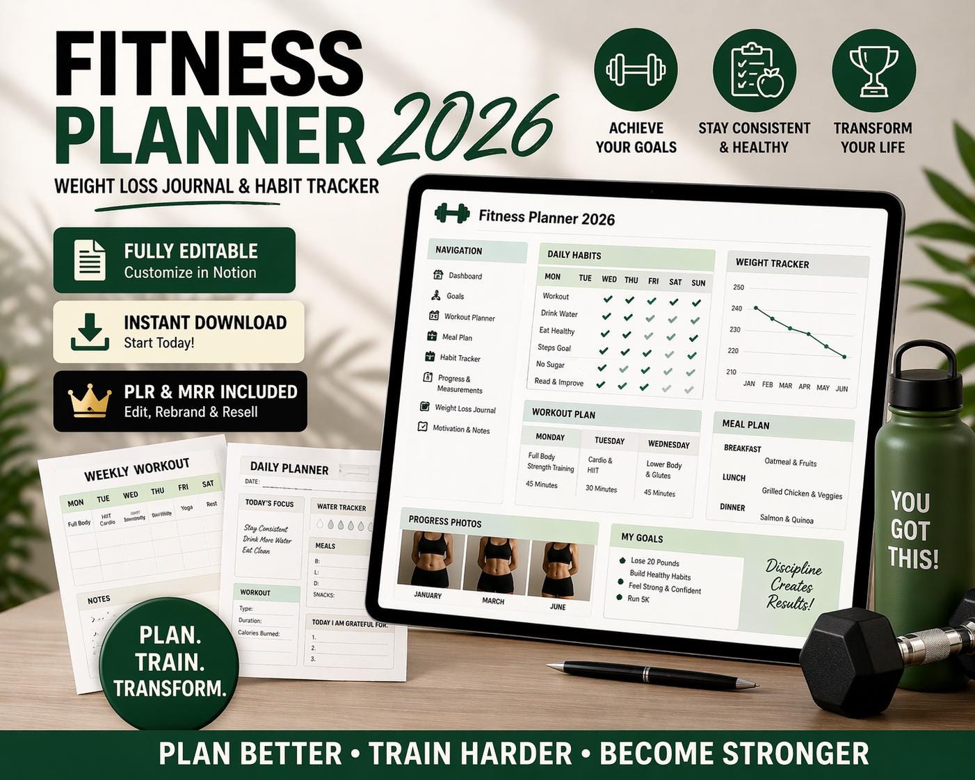 Fitness Planner 2026 – Weight Loss Journal, Habit Tracker (Digital Download)